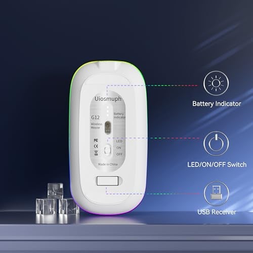 Uiosmuph LED Wireless Silent Mouse, G12 Slim Rechargeable, 2.4G Portable USB Optical Computer Mice with USB Receiver and Type C Adapter (Blacklish Green) - Image 5