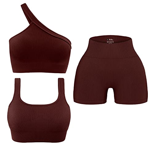 OLCHEE Womens 3 Piece Workout Sets - Seamless Ribbed Yoga Outfits Sports Bra One Shoulder Top and Biker Shorts - Brown Small - Image 1