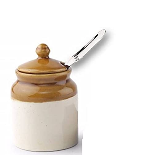 HC THE CRAFTS Ceramic Handmade Pickle Jar Set with Lid Dining Table Pickle Containers and an Ideal Gift for Family 200ml and Steel Spoon - Image 3