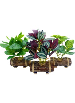 Generic Artificial Plants (3 pieces) Green Basket Bonsai 24cm Suitable for Indoor Home Decoration Office Living Room Hotel Kitchen Outdoor Greening (With Wooden Flower Pots)  - Image 1