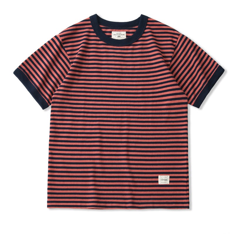 Heavy Weight 280G Retro T-Shirt Japanese Style Round Neck Blue And White Stripesd Short-Sleeved Sea Soul Shirt For Men And Women - Image 1