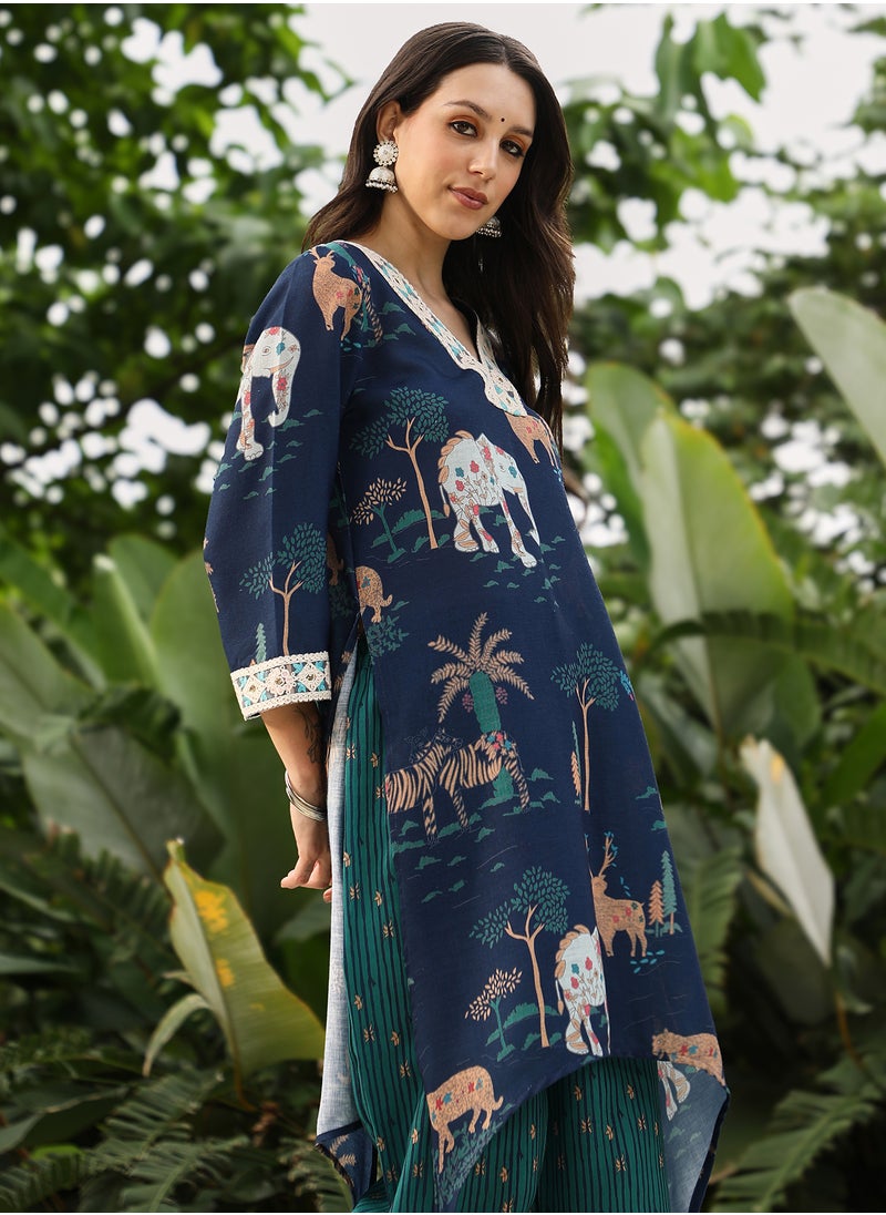 QISSA Qissa Women's Navy Blue Indie-Folk Kurta Set For Casual Wear | V-Neck | Quarter Regular Sleeves | 2 Piece Kurta Set Designed With Comfort Fit For Everyday Ethnic Wear  - Image 3