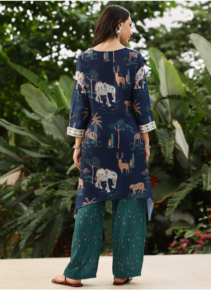 QISSA Qissa Women's Navy Blue Indie-Folk Kurta Set For Casual Wear | V-Neck | Quarter Regular Sleeves | 2 Piece Kurta Set Designed With Comfort Fit For Everyday Ethnic Wear  - Image 5