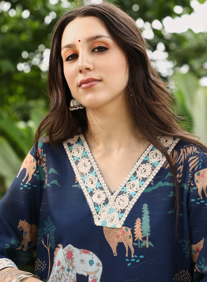 QISSA Women's Navy Blue Indie-Folk Kurta Set For Casual Wear | V-Neck | Quarter Regular Sleeves | 2 Piece Kurta Set Designed With Comfort Fit For Everyday Ethnic Wear