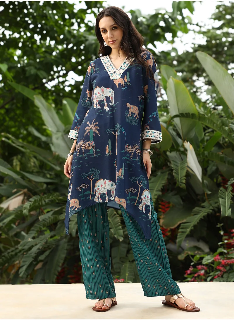  قصة Qissa Women's Navy Blue Indie-Folk Kurta Set For Casual Wear | V-Neck | Quarter Regular Sleeves | 2 Piece Kurta Set Designed With Comfort Fit For Everyday Ethnic Wear