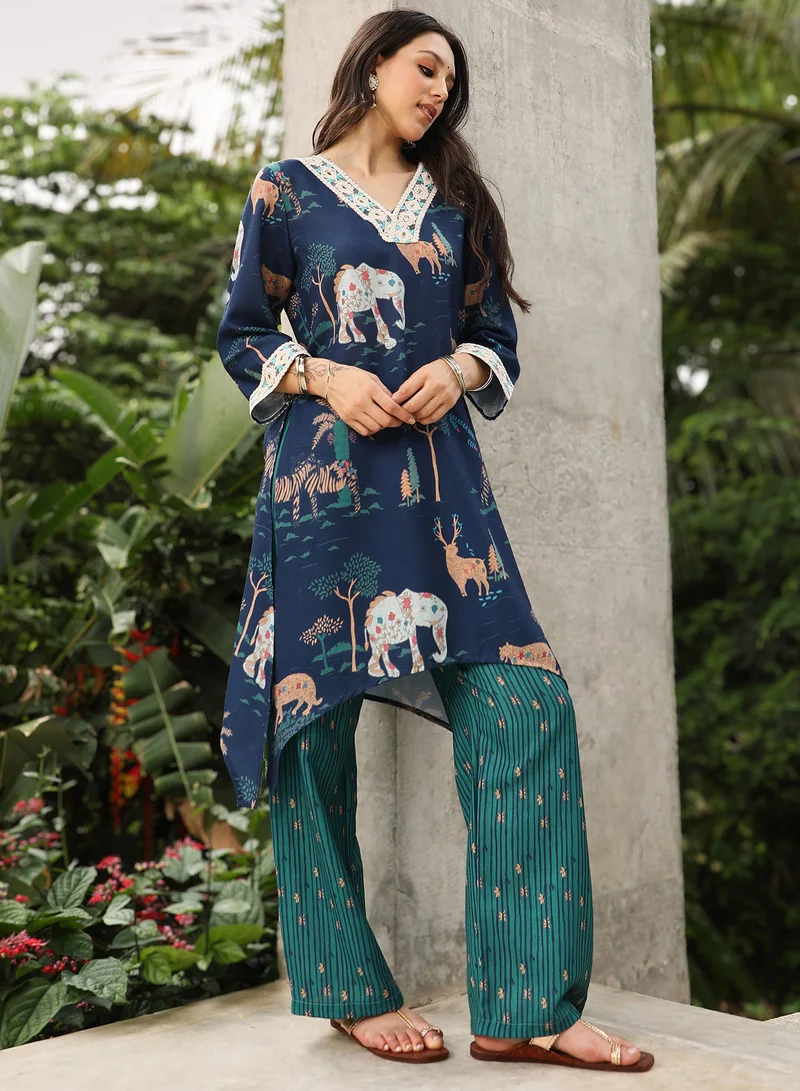 QISSA Women's Navy Blue Indie-Folk Kurta Set For Casual Wear | V-Neck | Quarter Regular Sleeves | 2 Piece Kurta Set Designed With Comfort Fit For Everyday Ethnic Wear