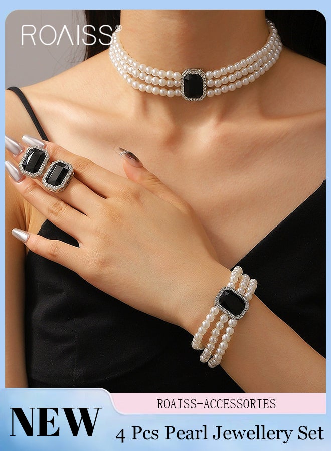 roaiss 4 Pcs Stylish Pearl Necklace Jewelry Set Shiny Multi-layer Pearl Necklace Bracelet, Wedding Party Dance Jewelry Accessories, Light Luxury Round Beaded Jewelry Set - Image 1