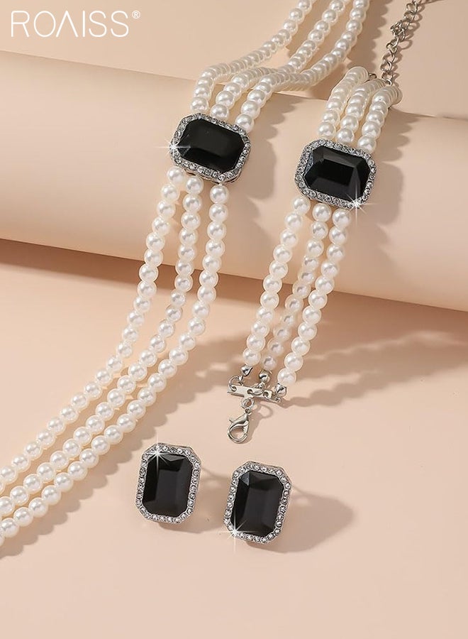 roaiss 4 Pcs Stylish Pearl Necklace Jewelry Set Shiny Multi-layer Pearl Necklace Bracelet, Wedding Party Dance Jewelry Accessories, Light Luxury Round Beaded Jewelry Set - Image 3