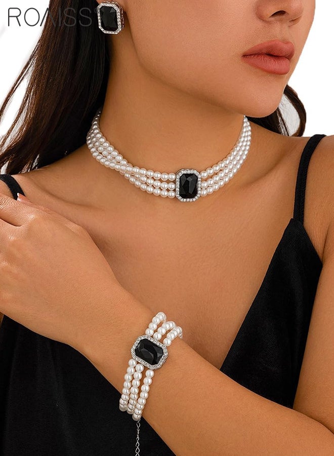 roaiss 4 Pcs Stylish Pearl Necklace Jewelry Set Shiny Multi-layer Pearl Necklace Bracelet, Wedding Party Dance Jewelry Accessories, Light Luxury Round Beaded Jewelry Set - Image 5