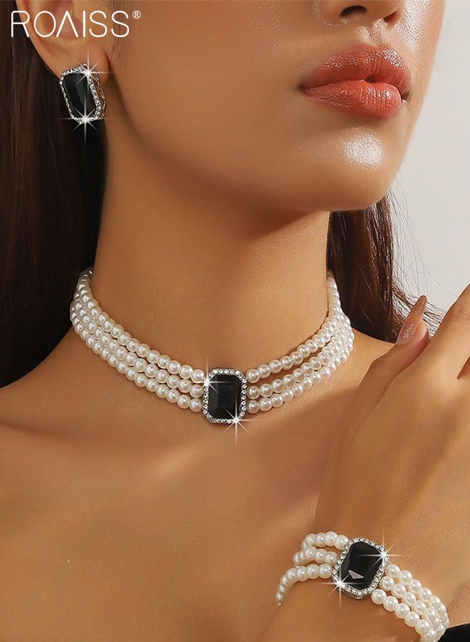 roaiss 4 Pcs Stylish Pearl Necklace Jewelry Set Shiny Multi-layer Pearl Necklace Bracelet, Wedding Party Dance Jewelry Accessories, Light Luxury Round Beaded Jewelry Set - Image 4