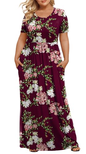 LONGYUAN Women's Plus Size Maxi Dresses for Curvy Women Summer Short Sleeve Casual 2026 Long Dress Fl Wine Red 2XL - Image 1