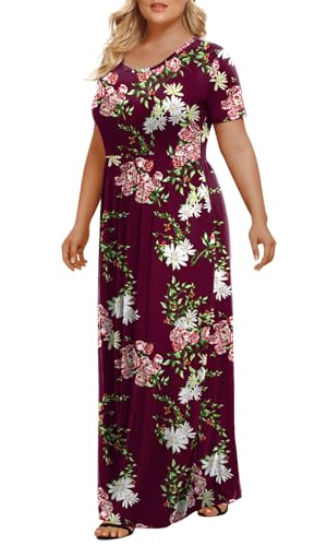 LONGYUAN Women's Plus Size Maxi Dresses for Curvy Women Summer Short Sleeve Casual 2026 Long Dress Fl Wine Red 2XL - Image 2