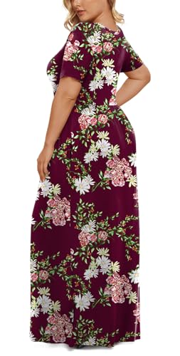 LONGYUAN Women's Plus Size Maxi Dresses for Curvy Women Summer Short Sleeve Casual 2026 Long Dress Fl Wine Red 2XL - Image 3
