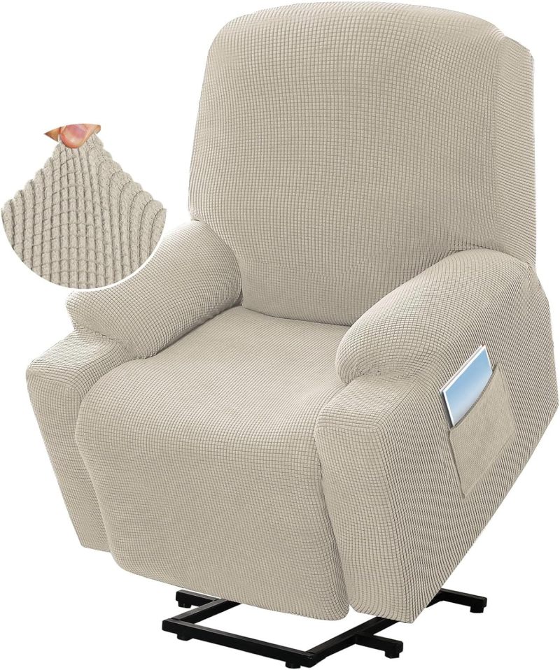 Power Lift Recliner Cover: Fossil Color 1pcs Snug Fit With Elastic Security Recliner Slipcover - Comprehensive Fabric Protection Stretch Recliner Cover for Households With Kids and Pets, Power Lift Re - Image 1