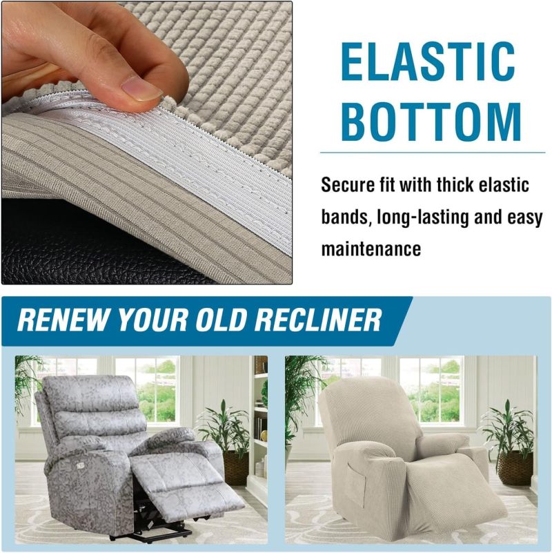 Power Lift Recliner Cover: Fossil Color 1pcs Snug Fit With Elastic Security Recliner Slipcover - Comprehensive Fabric Protection Stretch Recliner Cover for Households With Kids and Pets, Power Lift Re - Image 5