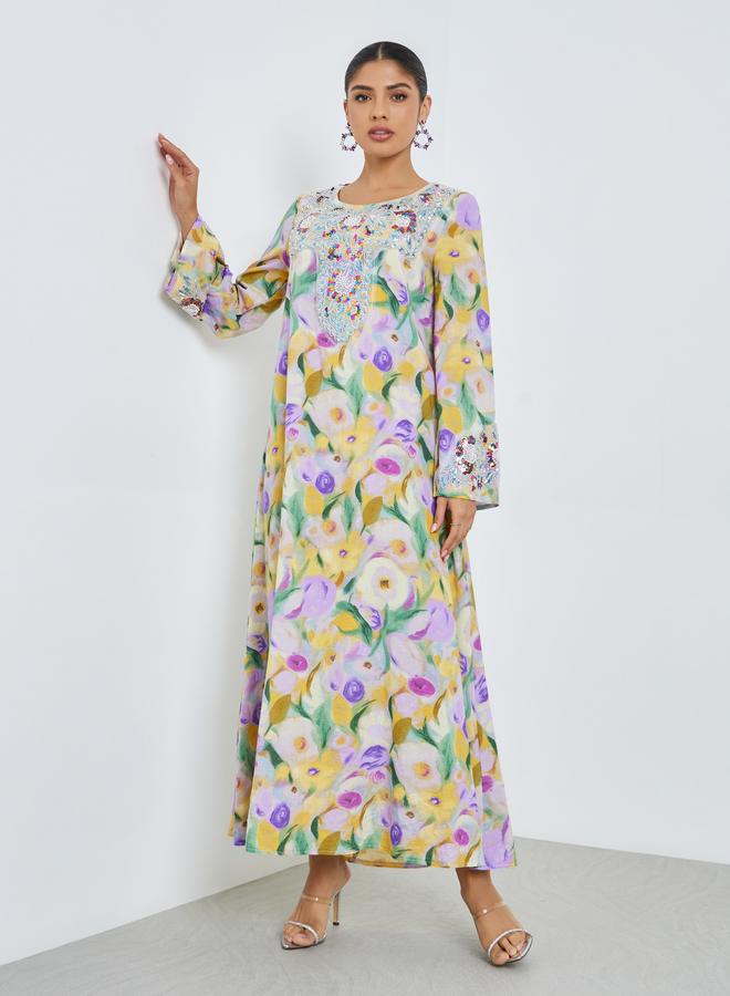 Amirah Floral Print Beaded Mukhawar Jalabiya - Image 3