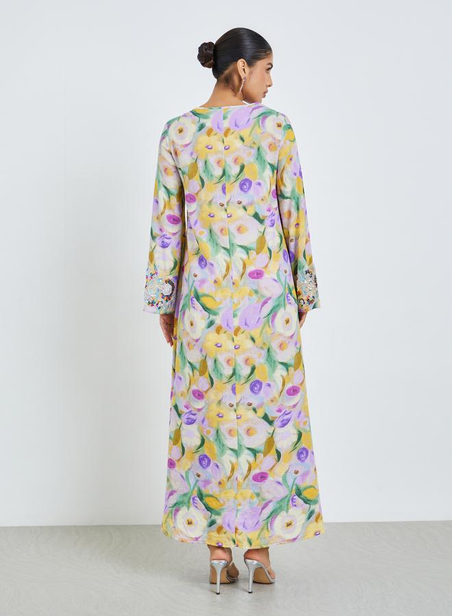 Amirah Floral Print Beaded Mukhawar Jalabiya - Image 4