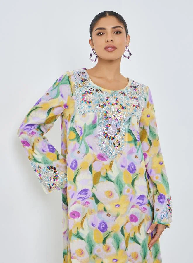 Amirah Floral Print Beaded Mukhawar Jalabiya