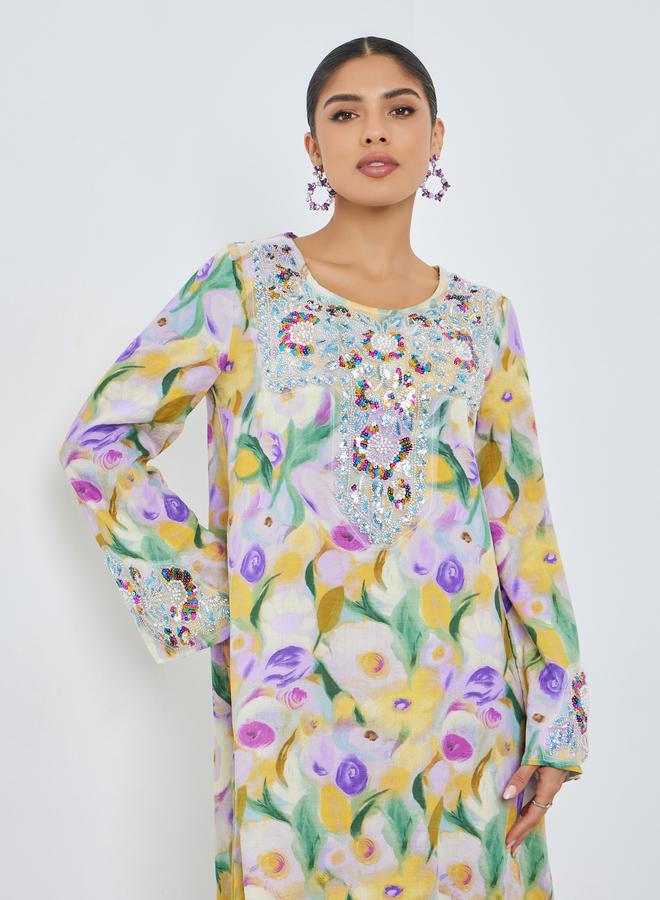 Amirah Floral Print Beaded Mukhawar Jalabiya - Image 2