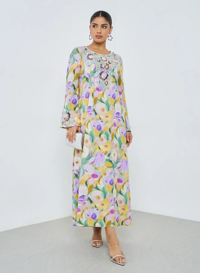 Floral Print Beaded Mukhawar Jalabiya