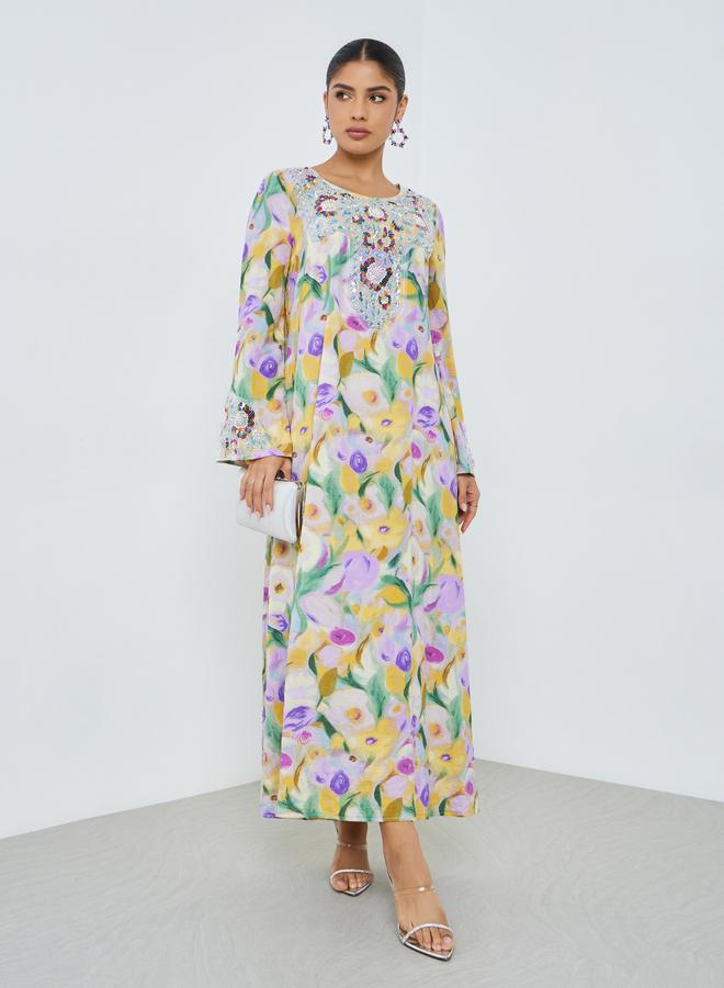 Amirah Floral Print Beaded Mukhawar Jalabiya - Image 1
