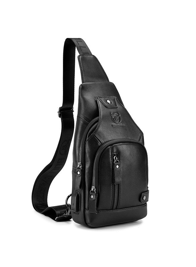 BULLCAPTAIN Men Leather Sling Bag Casual Shoulder Chest Crossbody Bag Hiking Travel Daypack with USB Charging Port  - Image 5