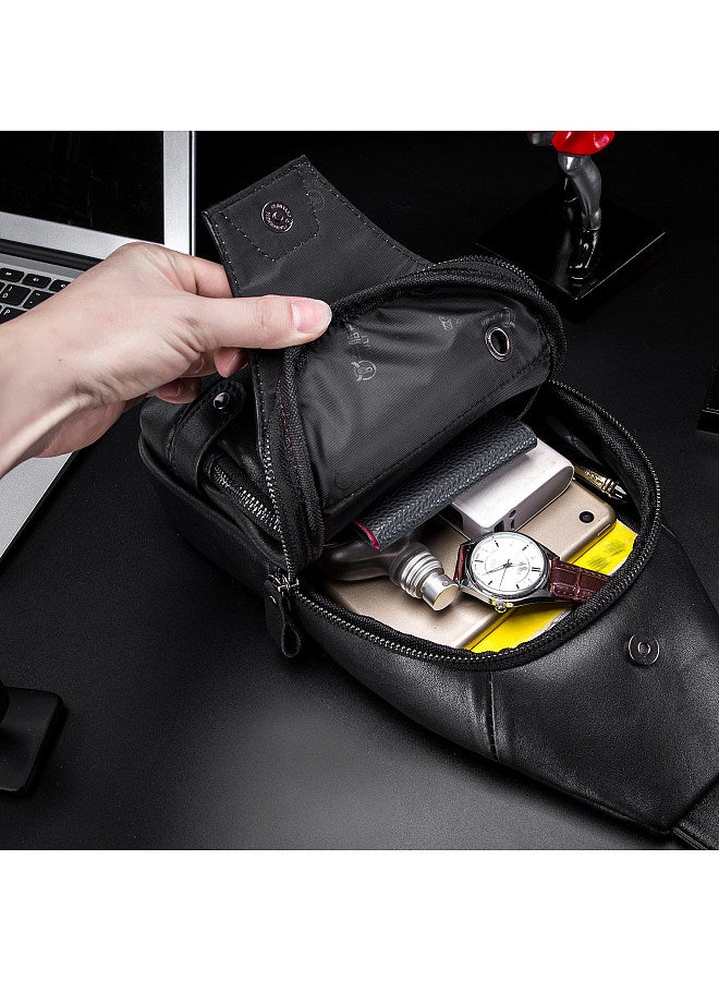 BULLCAPTAIN Men Leather Sling Bag Casual Shoulder Chest Crossbody Bag Hiking Travel Daypack with USB Charging Port  - Image 3