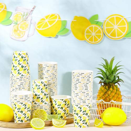 Newtay 104 Pcs Lemonade Stand Party Supplies 100 Lemon Party 9oz Paper Cups 2 Burlap Paper Lemonade Banner 2 Kids Apron with Pockets Adjustable Strap for Summer Lemon Stand Birthday Baby Shower Decor - Image 5