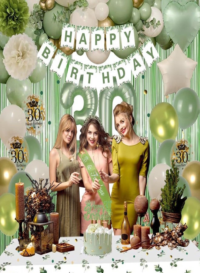 زينة عيد الميلاد الثلاثين لها، زينة عيد الميلاد الثلاثين باللون الأخضر الزيتوني للنساء، لافتة عيد ميلاد سعيد، بالونات خضراء وذهبية، تاج، وشاح، ستارة مزينة بشراشيب، مفرش طاولة، زينة كعكة لعيد الميلاد الثلاثين - Image 4