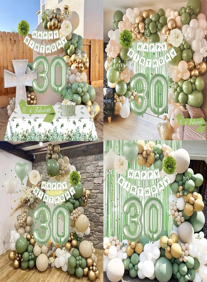 زينة عيد الميلاد الثلاثين لها، زينة عيد الميلاد الثلاثين باللون الأخضر الزيتوني للنساء، لافتة عيد ميلاد سعيد، بالونات خضراء وذهبية، تاج، وشاح، ستارة مزينة بشراشيب، مفرش طاولة، زينة كعكة لعيد الميلاد الثلاثين - Image 5