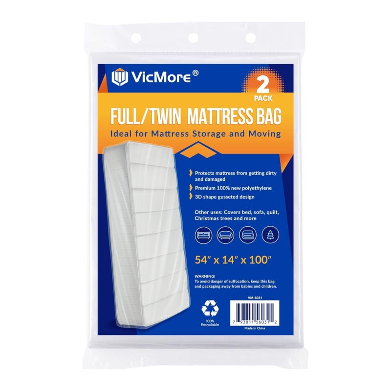 VICMORE 2 Pack Full/Twin Mattress Bags for Moving, Storage & Disposal â€“ Clear Heavy-Duty Plastic Covers, Tear-Resistant & Dustproof, Recyclable (Fits Full XL/Twin XL Beds) - Image 1