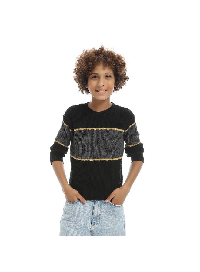 Andora Wide Stripped With Thin Line Round Collar Pullover - Grey & Black & yellow - Image 1