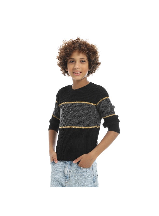 Andora Wide Stripped With Thin Line Round Collar Pullover - Grey & Black & yellow - Image 4