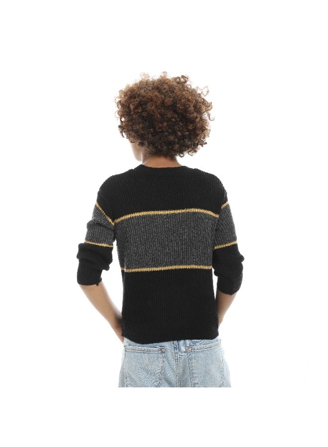 Andora Wide Stripped With Thin Line Round Collar Pullover - Grey & Black & yellow - Image 2