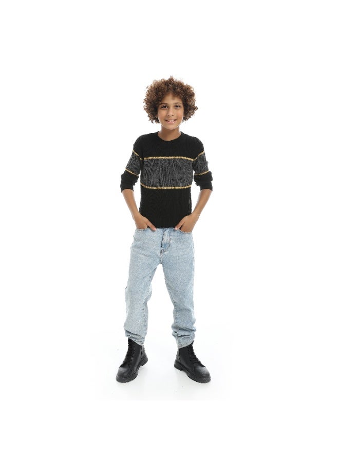 Andora Wide Stripped With Thin Line Round Collar Pullover - Grey & Black & yellow - Image 5