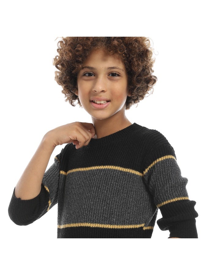 Andora Wide Stripped With Thin Line Round Collar Pullover - Grey & Black & yellow - Image 3