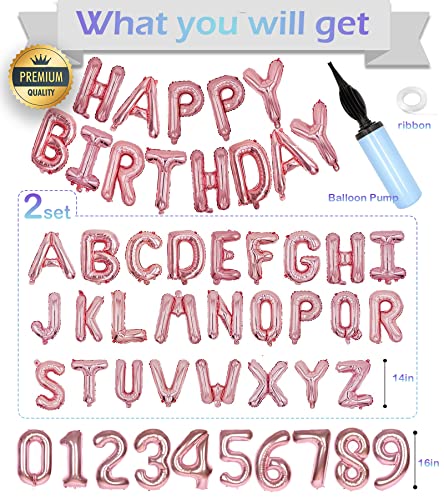 Awfrky 76pcs Happy Birthday Balloon Banner Rose Gold Balloons Letters Personalized 16 Mylar Foil Birthday Decorations include 2 Sets A Z 1 set Number 09 and HAPPY BIRTHDAY letters with Balloon Pump - Image 5