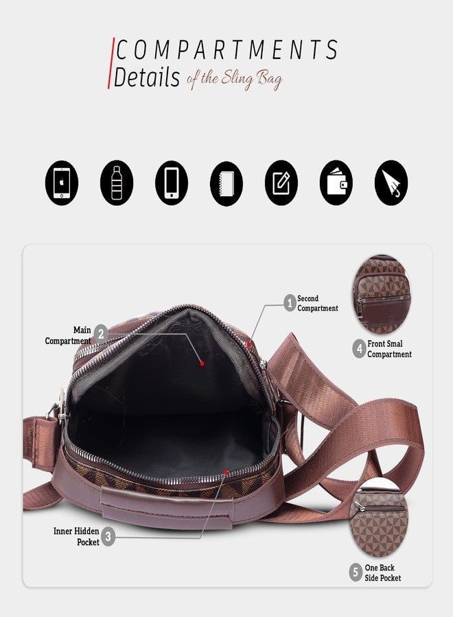 REDHORNS Faux Leather Printed Sling Bag for Men and Women Travel Crossbody Bag With Adjustable Shoulder Strap, Business Messenger Bag with 5 Zipper Pockets (Brown) - Image 4