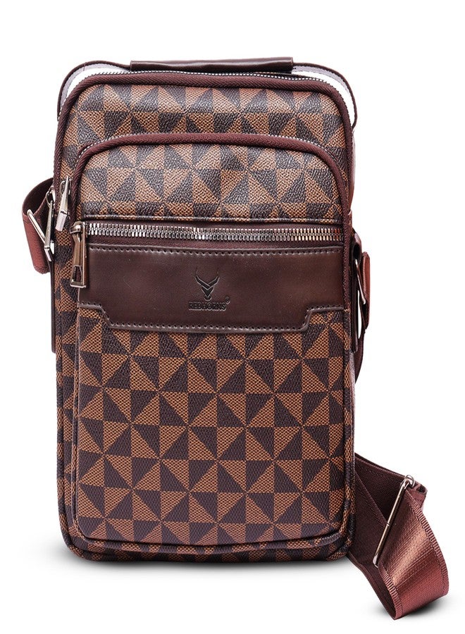 REDHORNS Faux Leather Printed Sling Bag for Men and Women Travel Crossbody Bag With Adjustable Shoulder Strap, Business Messenger Bag with 5 Zipper Pockets (Brown) - Image 1