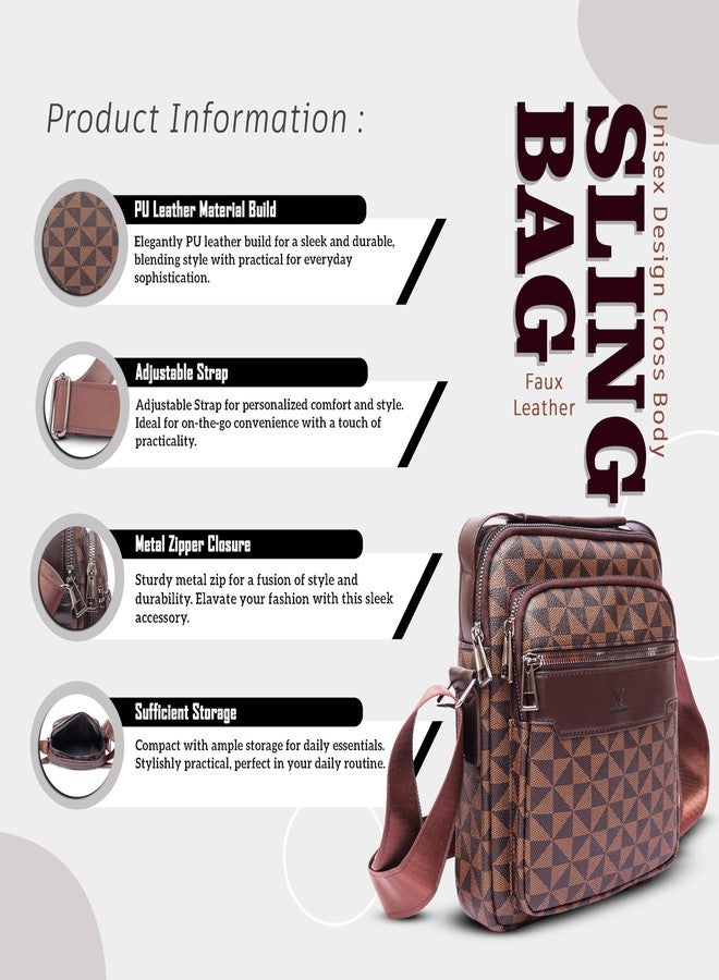 REDHORNS Faux Leather Printed Sling Bag for Men and Women Travel Crossbody Bag With Adjustable Shoulder Strap, Business Messenger Bag with 5 Zipper Pockets (Brown) - Image 2