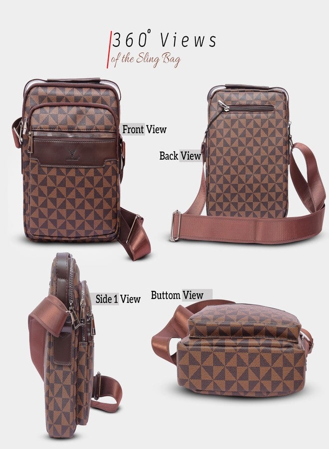 REDHORNS Faux Leather Printed Sling Bag for Men and Women Travel Crossbody Bag With Adjustable Shoulder Strap, Business Messenger Bag with 5 Zipper Pockets (Brown) - Image 5