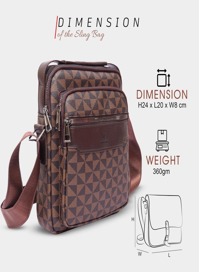 REDHORNS Faux Leather Printed Sling Bag for Men and Women Travel Crossbody Bag With Adjustable Shoulder Strap, Business Messenger Bag with 5 Zipper Pockets (Brown) - Image 3