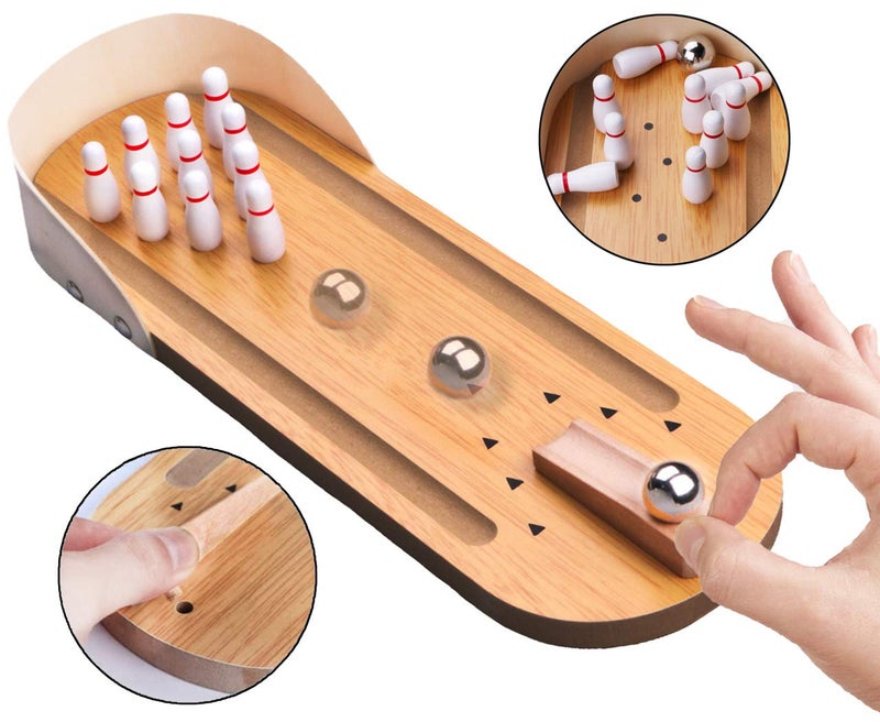 SYZ Table Top Mini Bowling Game Set-Tabletop Wooden Board Mini Arcade Desktop Tiny Bowling Shooting Alley Office Desk Stress Relief Gadgets Small Finger Toys Fun Gag Gifts for MenWomen Kids Teens Boys - Image 3