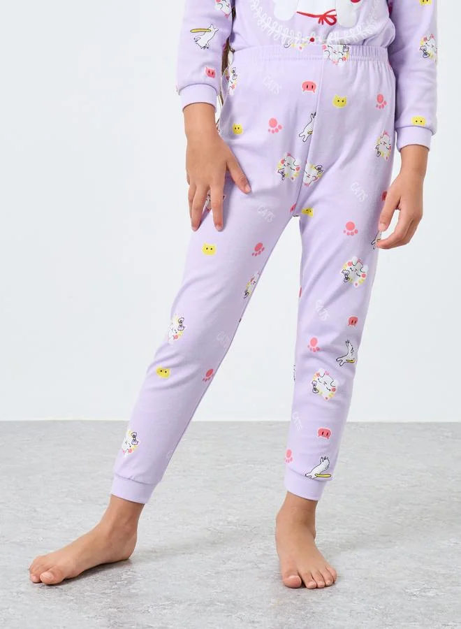 Styli Styli Girls Lilac Cat Graphic Top and Pyjama Set