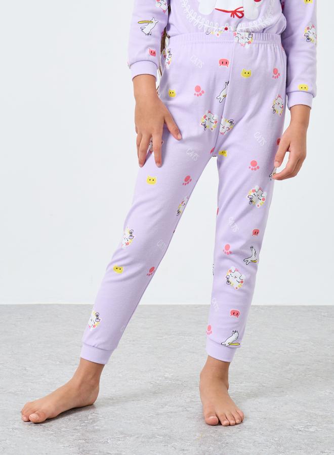 Styli Girls Lilac Cat Graphic Top and Pyjama Set - Image 5