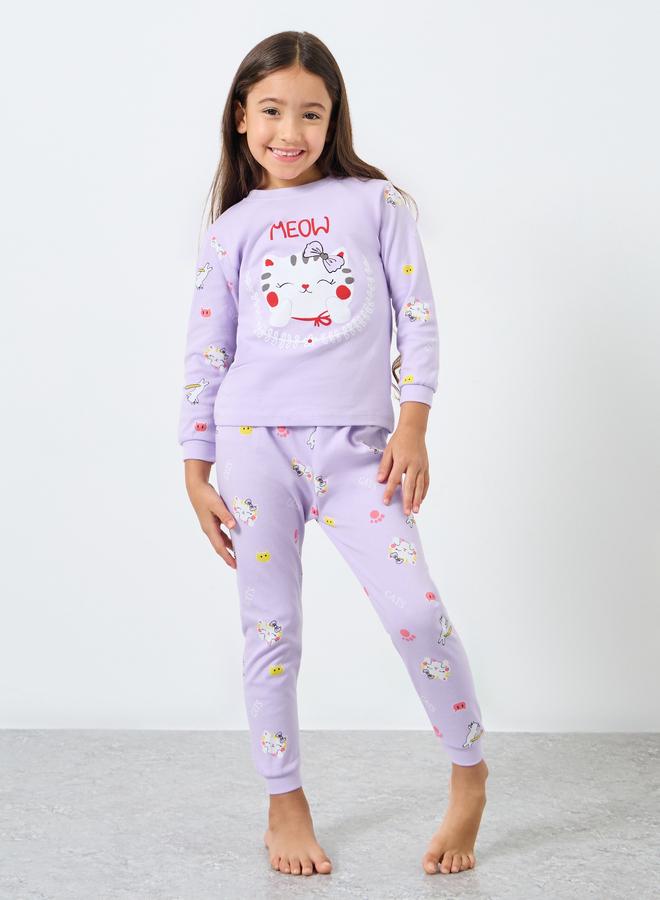 Styli Girls Lilac Cat Graphic Top and Pyjama Set - Image 1