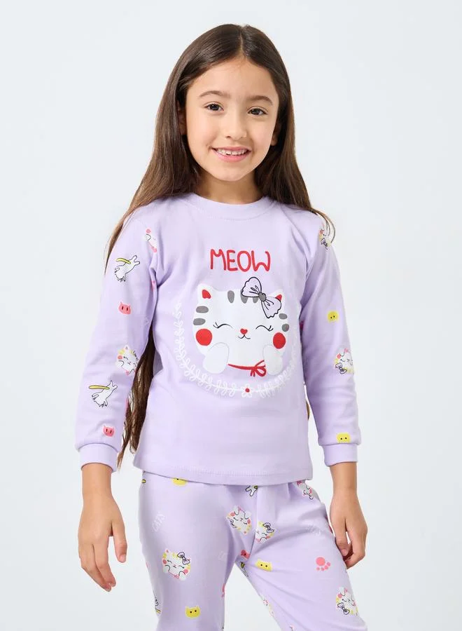 Styli Styli Girls Lilac Cat Graphic Top and Pyjama Set
