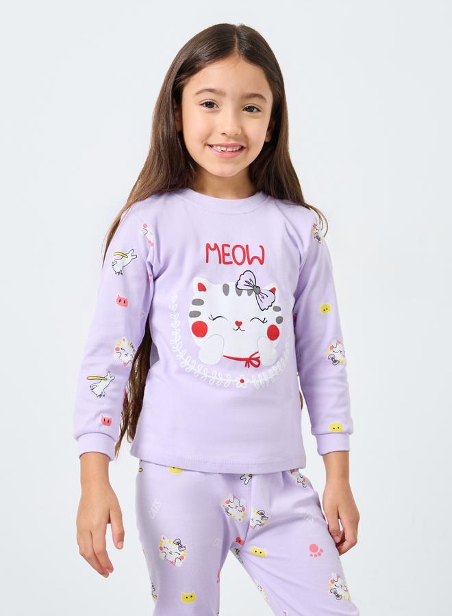 Styli Girls Lilac Cat Graphic Top and Pyjama Set - Image 2