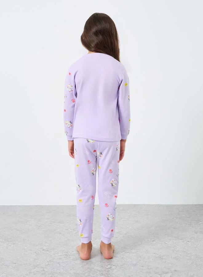 Styli Styli Girls Lilac Cat Graphic Top and Pyjama Set