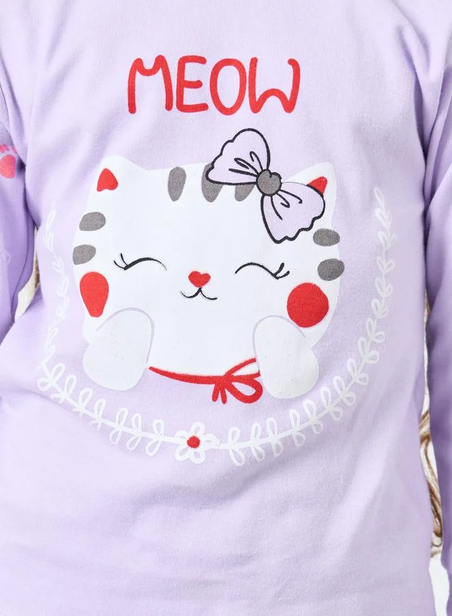 Styli Styli Girls Lilac Cat Graphic Top and Pyjama Set